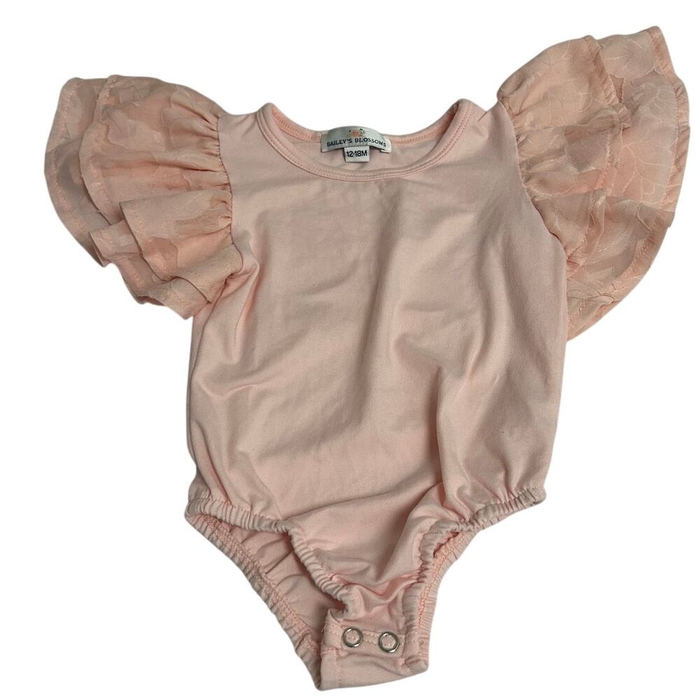 Baileys Blossoms sz 12-18 M light pink leotard tiered flutter sleeves NWOT